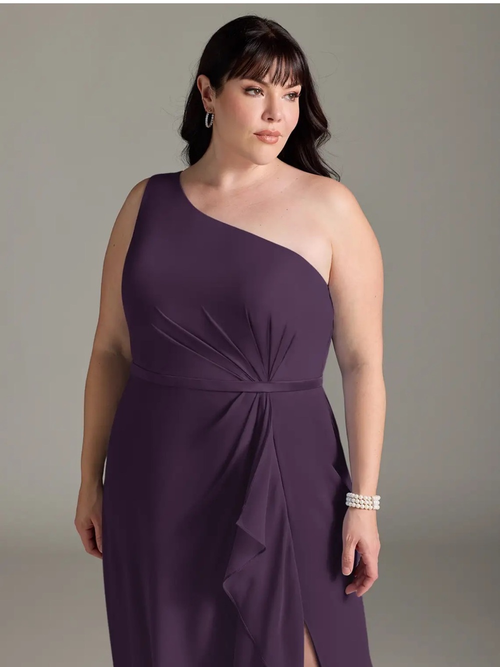 David’s Bridal NWT One-Shoulder Plum Evening Gown with Side Ruffle and Slit - Picture 5 of 10